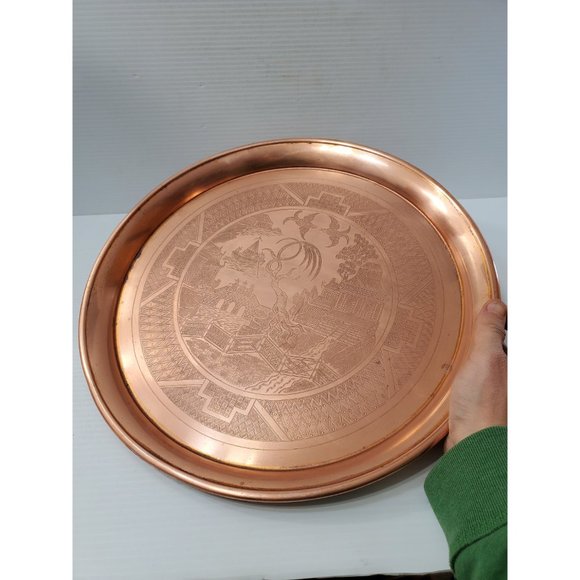 Vintage asian copper Tray | Heavy | Etched Floral Pattern | Birds | Geis… - Picture 3 of 10